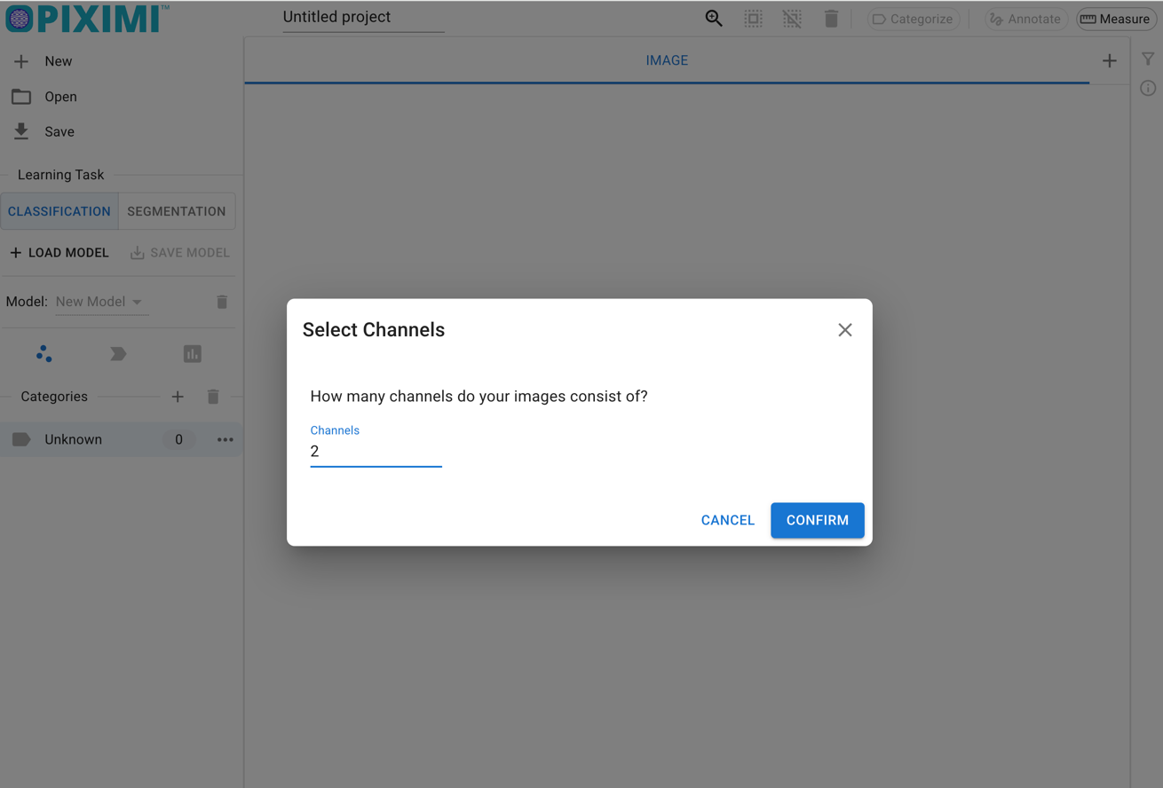 Setting number of channels in Piximi