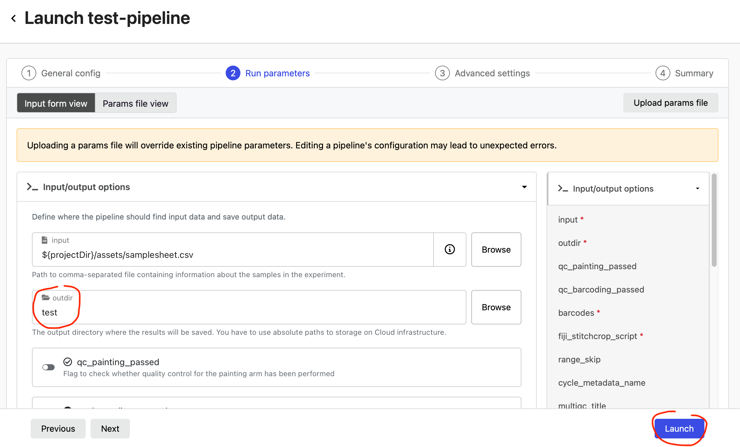 enter outdir value and launch