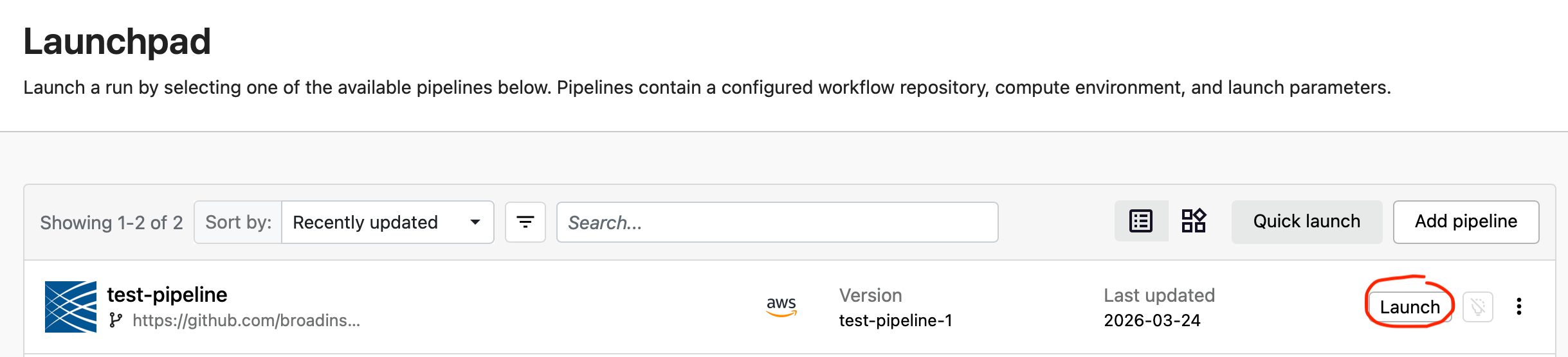 launch test pipeline